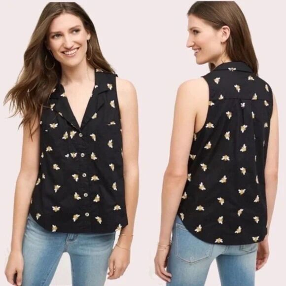 Anthro HD in Paris Embroidered Winnie Bee Sleeveless Button Down Top in Black 6 - Picture 2 of 9